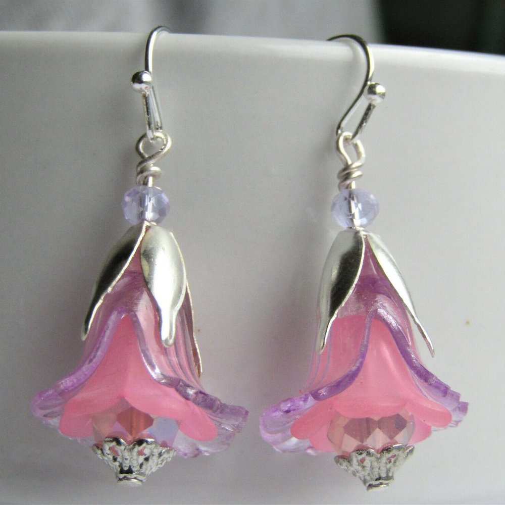FLOWER Earrings Pink PURPLE Dangle Lucite Trumpet